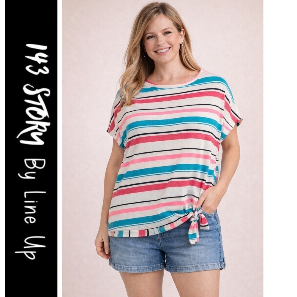 143 story by line up pink teal tan striped side tie top